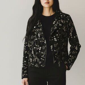 LOFT Black Floral Velvet Moto Jacket